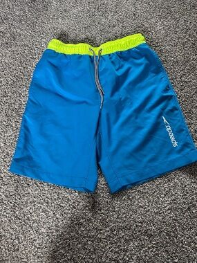 Speedo Blue Swim Trunks with Neon Yellow Waistband